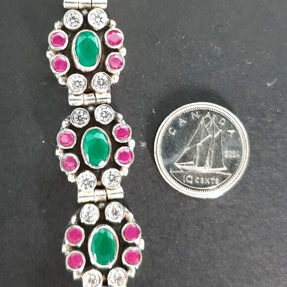 Vintage Mughal Revival 925 Silver Genuine Ruby & Green Crystal Floral Bracelet - Picture 8 of 13